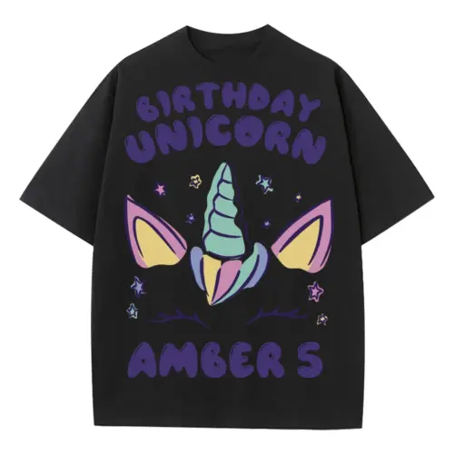 Birthday Unicorn A Heavyweight Oversized Black Graphic Tee