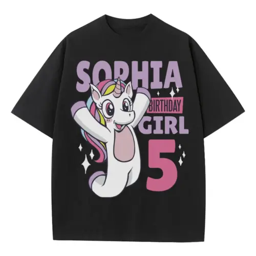 Birthday Unicorn Heavyweight Oversized Black Graphic Tee
