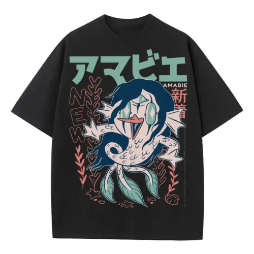 Amabie Yokai Heavyweight Oversized Black Graphic Tee