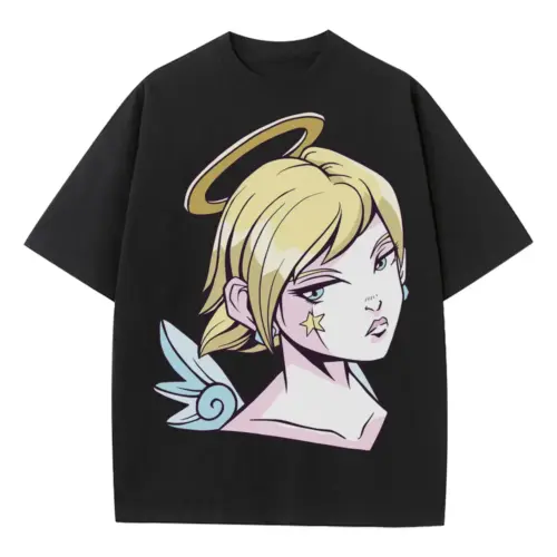Angel Girl Anime Heavyweight Oversized Black Graphic Tee