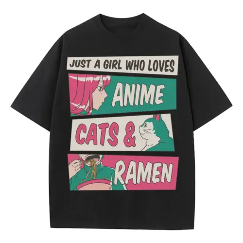 Anime Cats Ramen Heavyweight Oversized Black Graphic Tee