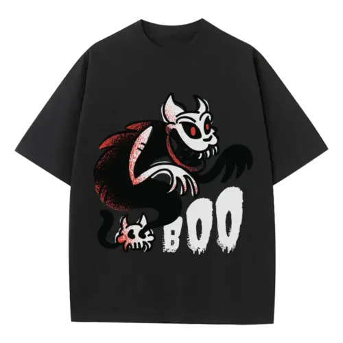 Boo Ghost Cat Heavyweight Oversized Black Graphic Tee