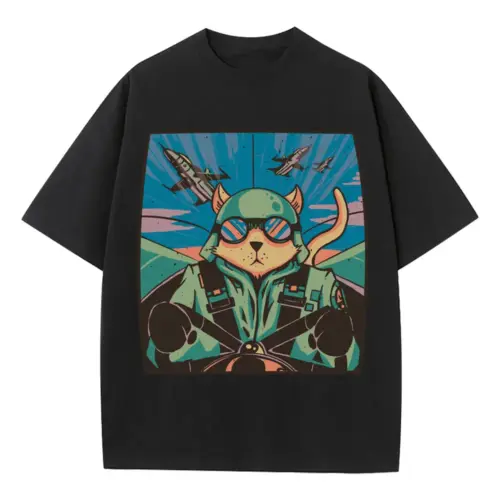 Airplane Cat Heavyweight Oversized Black Graphic Tee