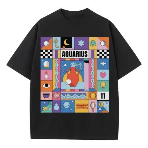 Aquarius Si Heavyweight Oversized Black Graphic Tee