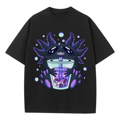 Axolotl Bouble Tea Heavyweight Oversized Black Graphic Tee