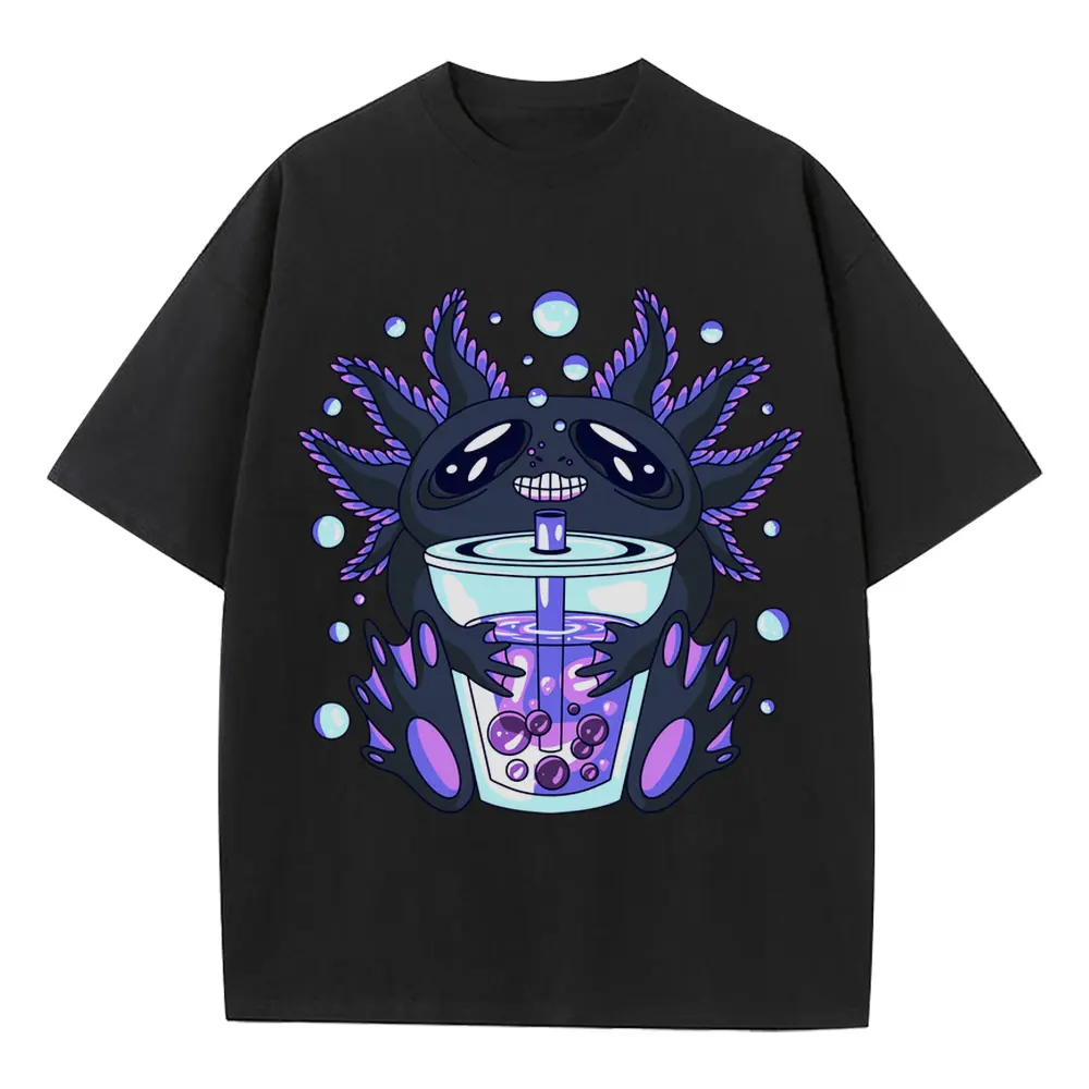Axolotl Bouble Tea Heavyweight Oversized Black Graphic Tee
