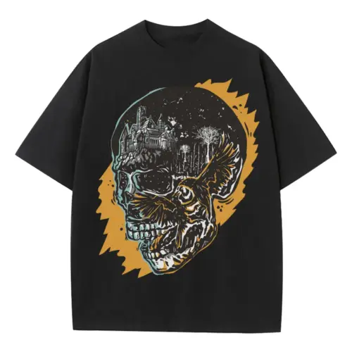 Crow Fight Skull Og Heavyweight Oversized Black Graphic Tee