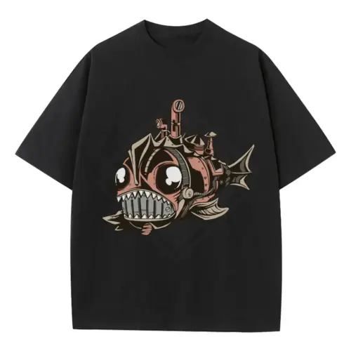 Fish Steampunk Heavyweight Oversized Black Graphic Tee