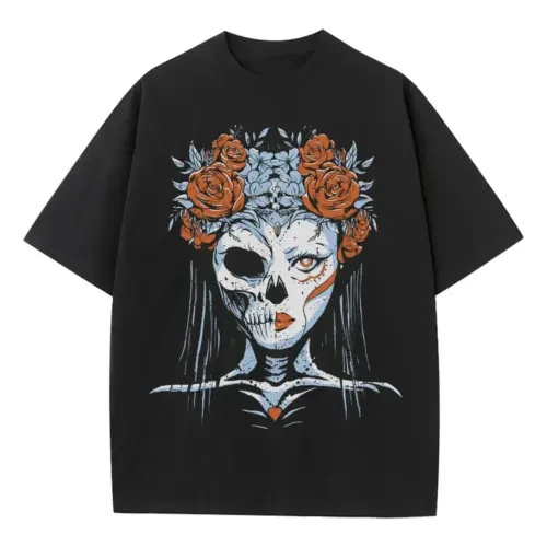 Half Skeleton Bride Heavyweight Oversized Black Graphic Tee