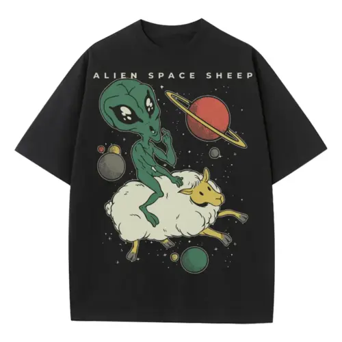 Alien Space Sheep Heavyweight Oversized Black Graphic Tee