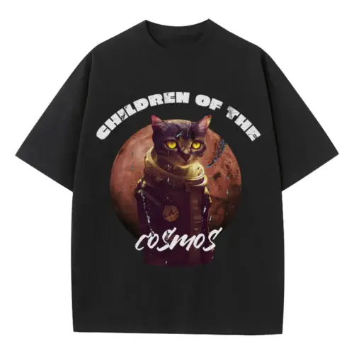 Tote Cat Astronaut Heavyweight Oversized Black Graphic Tee
