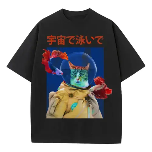Trippy Cat Astronaut Heavyweight Oversized Black Graphic Tee