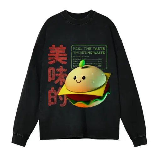3D   Tasty Burger Acid Wash Oversized Long Sleeve Shirt