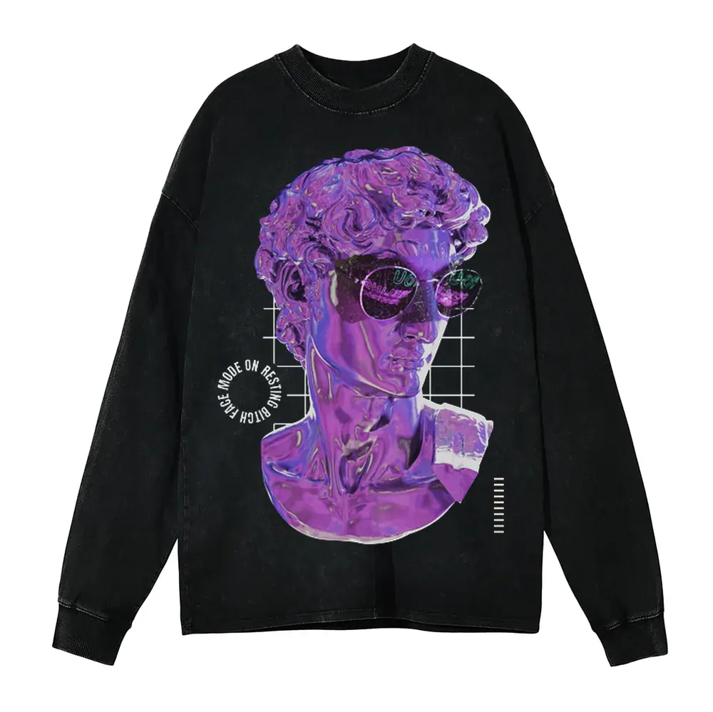 3D Liquid Bitch Face Acid Wash Oversized Long Sleeve Shirt