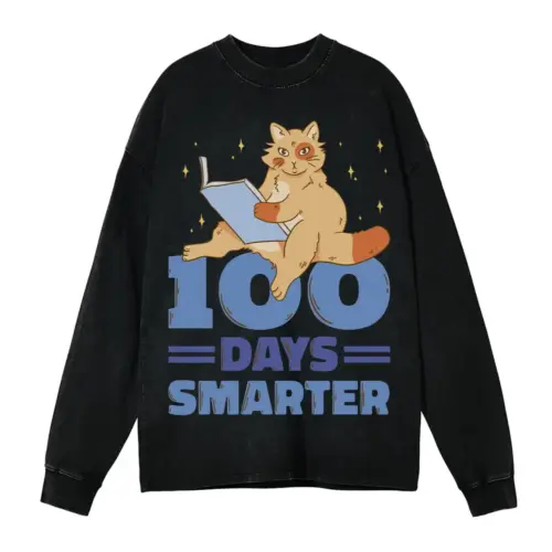 00 Days Smarter Cat Reading Acid Wash Oversized Long Sleeve Shirt
