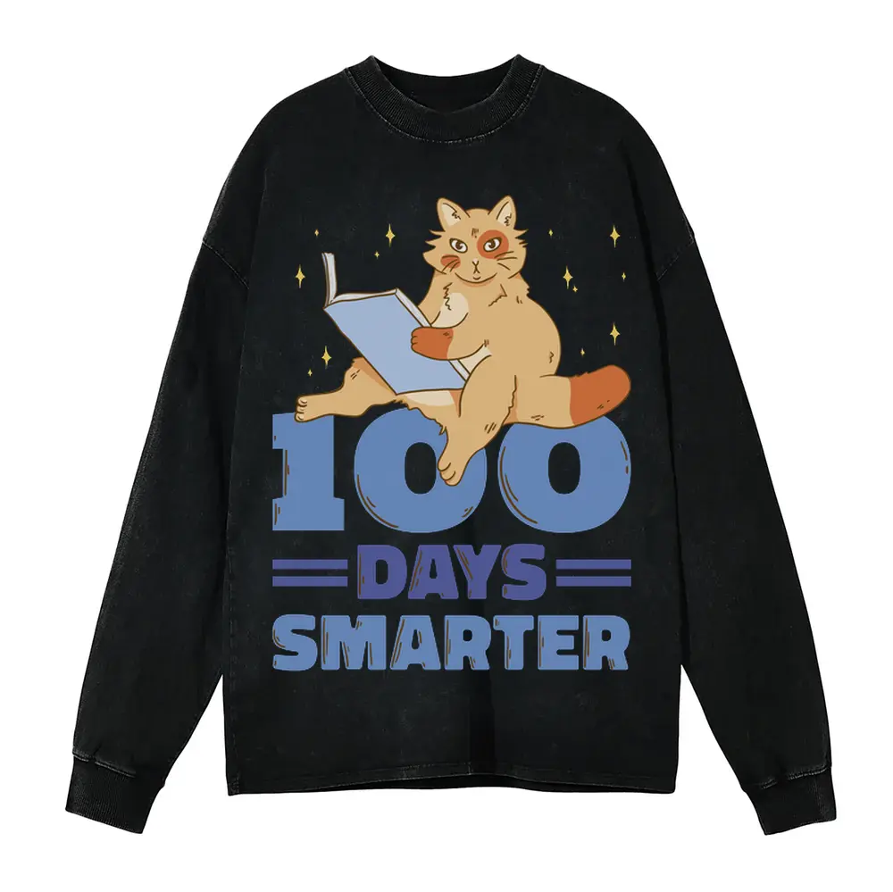 00 Days Smarter Cat Reading Acid Wash Oversized Long Sleeve Shirt