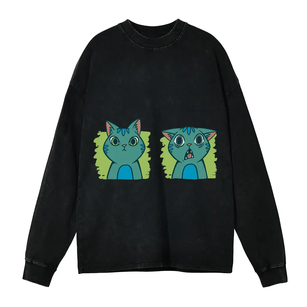 2 Expressions Cat Acid Wash Oversized Long Sleeve Shirt
