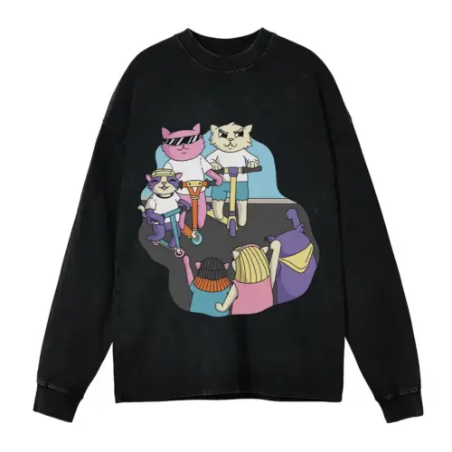 3 Scooter Cats Acid Wash Oversized Long Sleeve Shirt