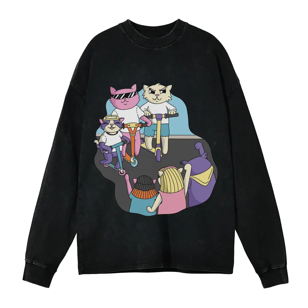 3 Scooter Cats Acid Wash Oversized Long Sleeve Shirt