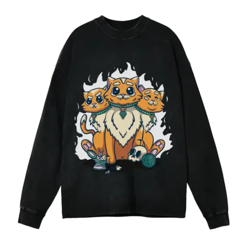 3 Head Cat Acid Wash Oversized Long Sleeve Shirt