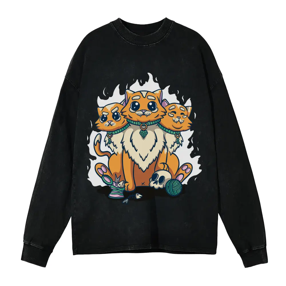 3 Head Cat Acid Wash Oversized Long Sleeve Shirt