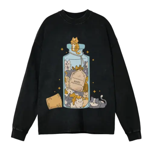 Antidepressants Cats A Acid Wash Oversized Long Sleeve Shirt