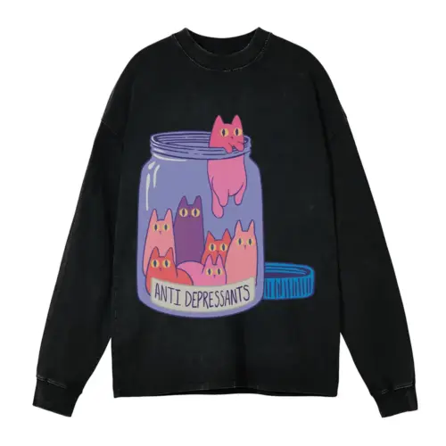 Antidepressants Cats Acid Wash Oversized Long Sleeve Shirt