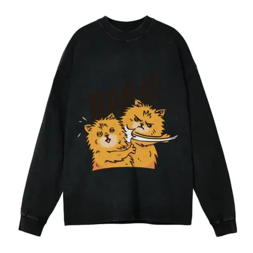 Baka Pomeranian Dog Acid Wash Oversized Long Sleeve Shirt