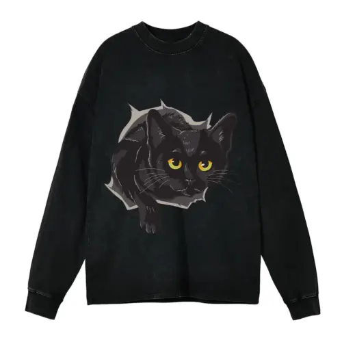Black Cat Box Acid Wash Oversized Long Sleeve Shirt