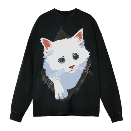White Cat Box Acid Wash Oversized Long Sleeve Shirt