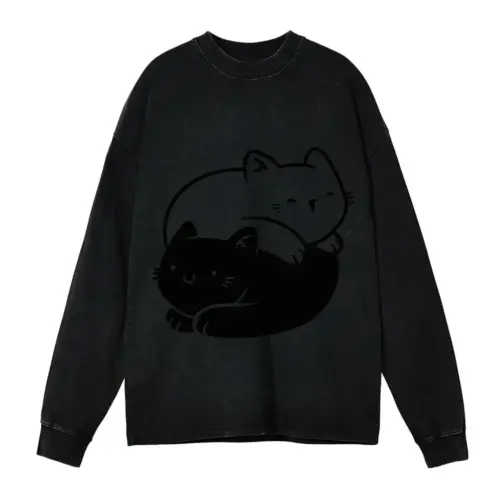 Ying Yang Cats Acid Wash Oversized Long Sleeve Shirt
