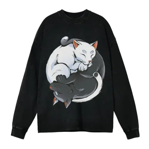 Zen Cats Ying Yang Acid Wash Oversized Long Sleeve Shirt