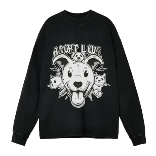 Adopt Cats Dogs Acid Wash Oversized Long Sleeve Shirt