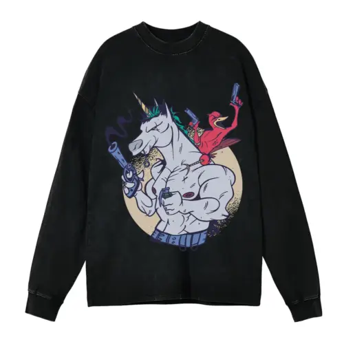 Bird Unicorn T Shit Acid Wash Oversized Long Sleeve Shirt