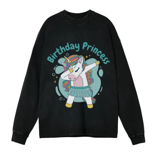 Birthdayprincessunicorn Acid Wash Oversized Long Sleeve Shirt