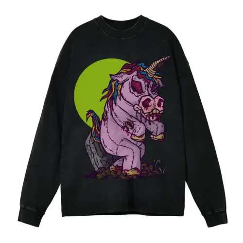Zombie Unicorn Toy Acid Wash Oversized Long Sleeve Shirt