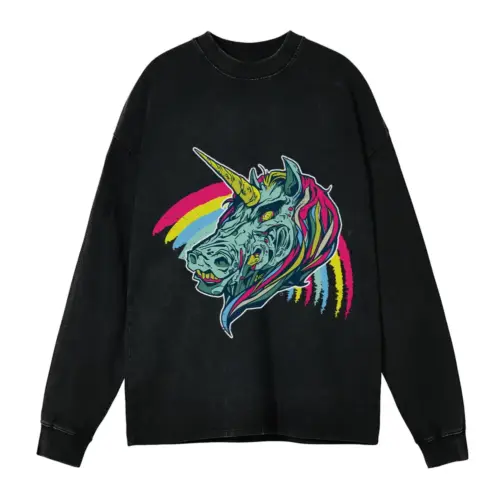 Zombie Unicorn Acid Wash Oversized Long Sleeve Shirt