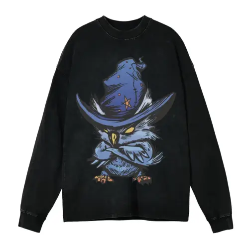 Angry Owl Witch Acid Wash Oversized Long Sleeve Shirt