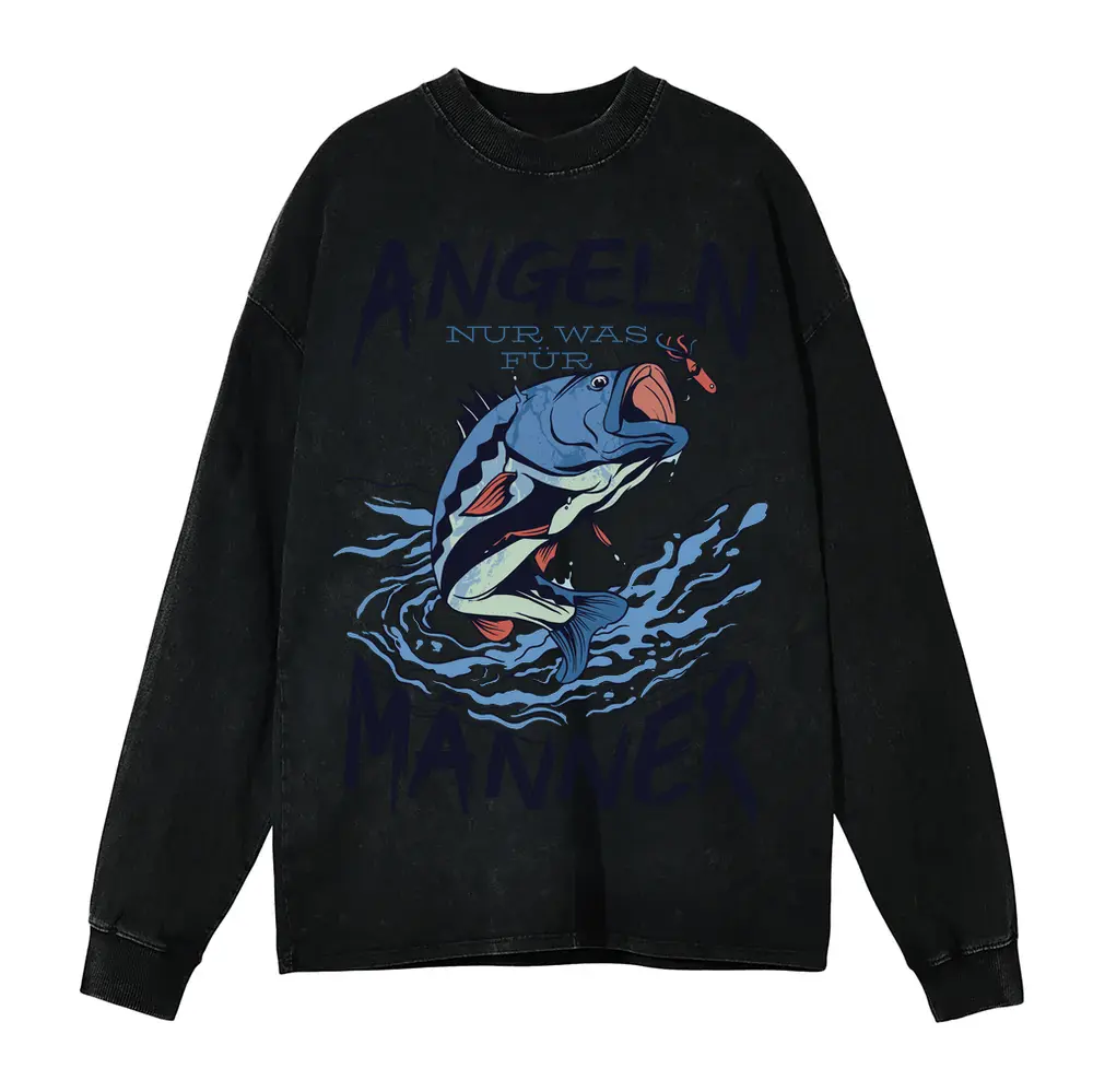 Angeln Fish Acid Wash Oversized Long Sleeve Shirt