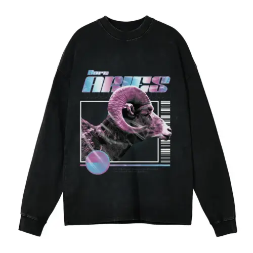 Trap Horoscope Aries Acid Wash Oversized Long Sleeve Shirt
