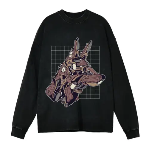 Wolf Steampunk Acid Wash Oversized Long Sleeve Shirt