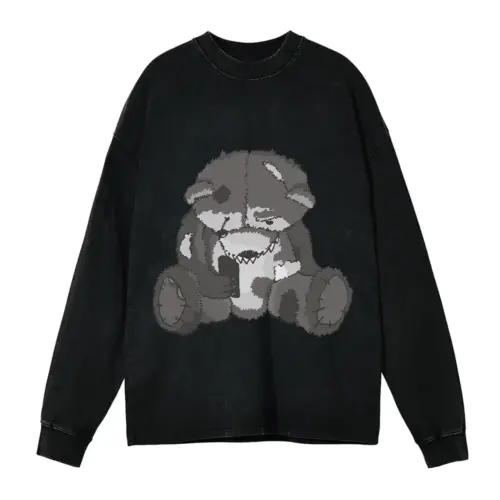Zombie Teddy Bear Acid Wash Oversized Long Sleeve Shirt