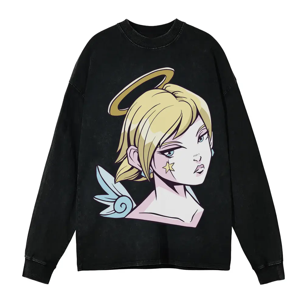 Angel Girl Anime Acid Wash Oversized Long Sleeve Shirt