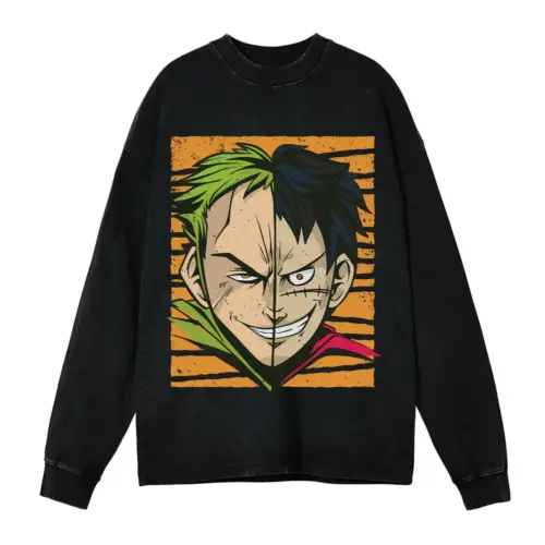 Anime Characters Faces Off Acid Wash Oversized Long Sleeve Shirt