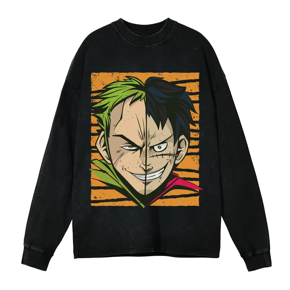 Anime Characters Faces Off Acid Wash Oversized Long Sleeve Shirt