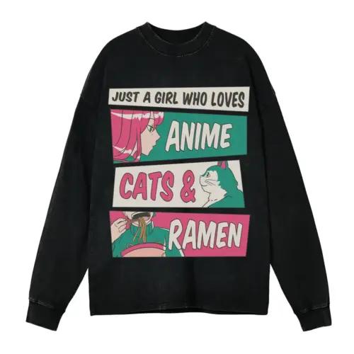 Anime Cats Ramen Acid Wash Oversized Long Sleeve Shirt