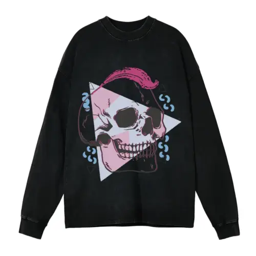 90 S Skull Design Acid Wash Oversized Long Sleeve Shirt