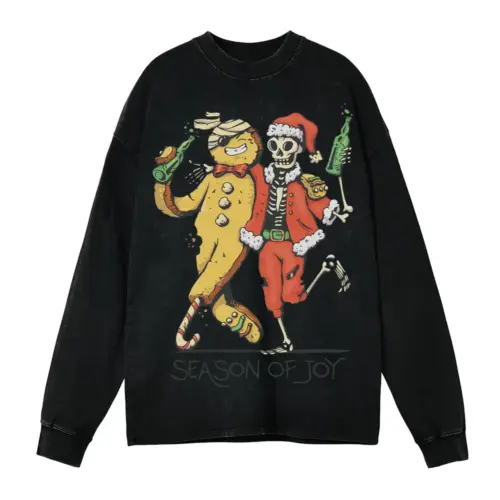 Anti Christmas Skeleton Santa Ginger Cookie Acid Wash Oversized Long Sleeve Shirt