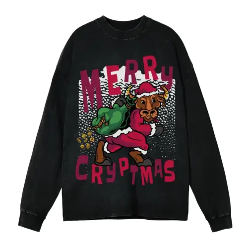 Bitcoin Santa Bull Acid Wash Oversized Long Sleeve Shirt