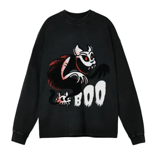 Boo Ghost Cat Acid Wash Oversized Long Sleeve Shirt